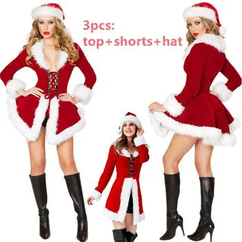 2019 Seksikas Naiste Santa Claus Jõulud Kostüüm Pool Tüdrukute Riided Fancy Kleidid, Jope+Müts+Lühikesed Püksid Jõulupidu Riided
