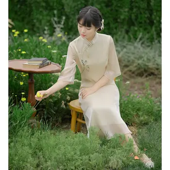 2021 Hiina Kleit Lahti Traditsiooniline Chan Kleit Cheongsam Komplekti Naiste Qipao Rüü Vintage Õie Printida Pikk Kleit Sifonki