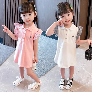 Beebi Tüdrukud Dress Suvel Valge Roosa Tikand Polo Sõidab Varruka Printsess Kleit 2021 Uus Laste korea Preppy Stiilis Seelik