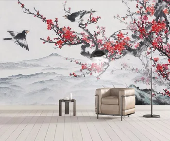 Beibehang Kohandatud taustpildi Hiina lill ja lind tindiga käsitsi maalitud ploomi -, maastiku-TV diivanil taust seina murals 3d tapeet