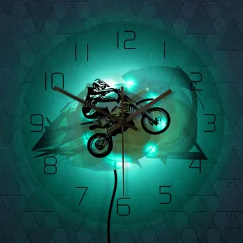 Dirt Bike Rider Akvarell Trükitud LED Wall Clock Extreme Sport Seina Art Mustuse Mootorratas Rattur Kaasaegne Akrüül Seina Valgustatud Vaadata