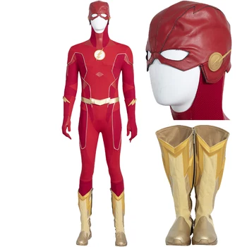 Halloween Carnival Season 8 Superkangelane Barry Riided Allen Cosplay Kostüüm Täielik komplekt Kulla Saapad Punane Kombekas 0