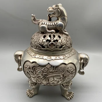 Kunsti Kogumine Vana Tiibeti Hõbe Käsitöö Kirin Suitsutusastia,Home Decor Hiina Suur Viiruk Põleti