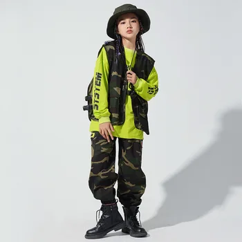 Laste Hip-Hop Tantsu Kostüüm Tüdruk Kamuflaaž Püksid Vest Pikk Varrukas T-Särk Street Tantsu Riided Lastele Staadiumis Täitmiseks Kanda