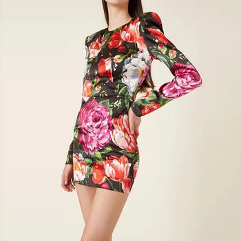 Mood Naiste Siidist Kleit Top Quality Print 2022 Sügisel Talvel Polsterdatud Õla Pikad Varrukad Bud Basic Siidist Kleit Uus Saabuvad 0