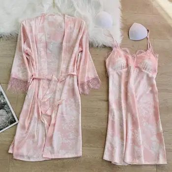 Naiste Seksikas Pits Nightgowns Intiimne Pesu Vabaaja 2TK Kimono Hommikumantel Set Print Lille Kodu Riided Satiin Homewear Hommikumantel Kleit