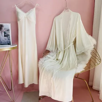 Pikk Rüüdes Komplekt Naistele Suvel Pits Segast Sleepwear Rayon Kodus Kaste Kleit 2tk Kimono Hommikumantel Kleit Siserõivad