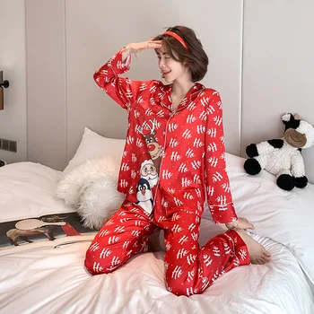Satiin Prindi Pidžaama Komplekt Vabaaja Sleepwear Naiste Lounge Kanda Suvel Uus Särk&Püksid Nightwear Pehme Pijamas Kodu Riiete Pesu