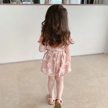 Teise lapse Tüdrukute Riided Seab Uued Vabaaja Suvel Bowknot Print Square Krae Tops+lühikesed Püksid Püksid Elegantne Lapsed Sobib 2-7Yrs Komplekt