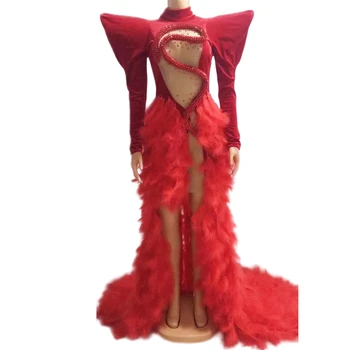 Uus Toode Unikaalne Punane Sulg Elegantne Kleit Naistele Tähistada Kostüüm Õhtu Poole Kleit Blingbling Teemandid Sünnipäeva Hommikumantlid 0